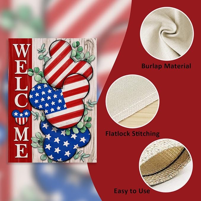 Welcome 4th of July Stars Stripes Patriotic Decorative Garden Flag, American USA Memorial Day Yard Outside Decorations, Summer Outdoor Small Home Decor Double Sided 12 x 18