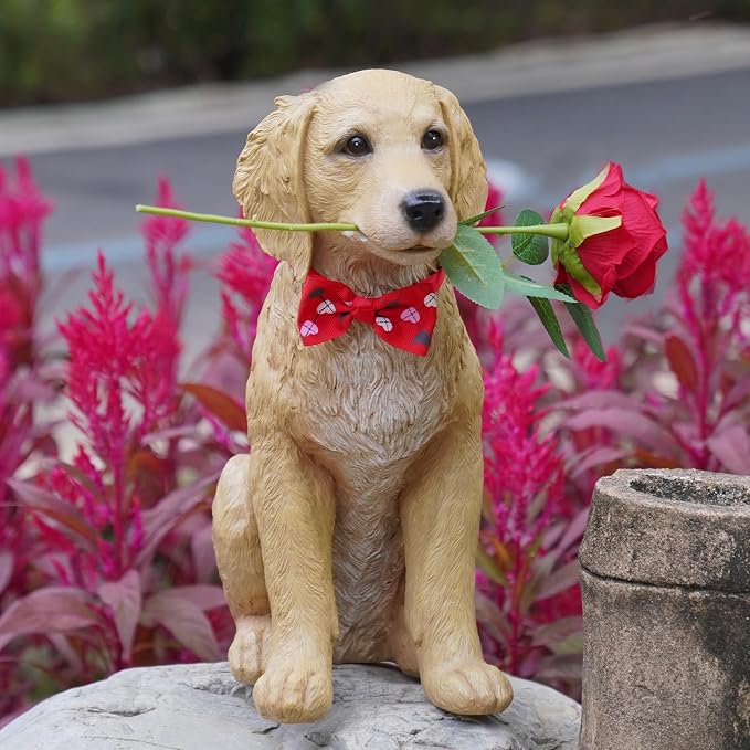 Dog Valentine Day Decorations Outside - Rose Garden Statues, Seasonal Outdoor Decor for Yard, Patio, Front Porch, Waterproof Resin Dog Figurine, Valentine's Season Gift for Lovers Memorial 11x5.5x13IN