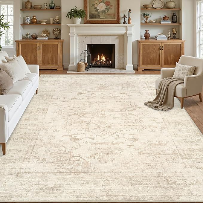 Area Rugs 9x12 Living Room: Bedroom Washable Carpet Beige/Brown | Large Vintage Boho Indoor Decor Neutral Soft Nursery Farmhouse Dining Room Office Floor Non-Slip Low Pile Under Table Rug