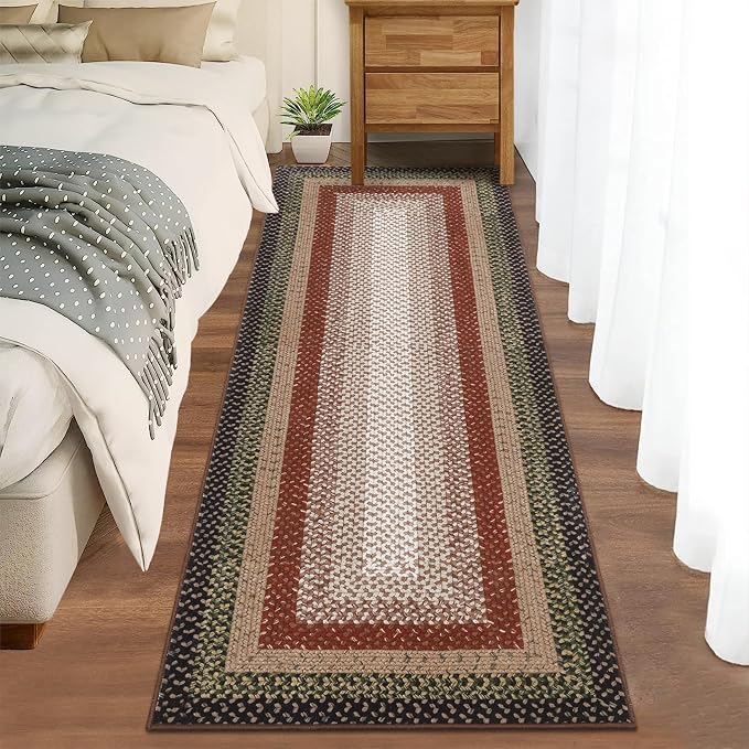 RUGSREAL Washable 2x10 Long Hallway Runner Rugs Braided Print Rug Non Slip | Farmhouse Kitchen Carpet Low Pile Rustic Accent Area Rugs for Living Room Bedroom Bathroom, Crimson/Earthy