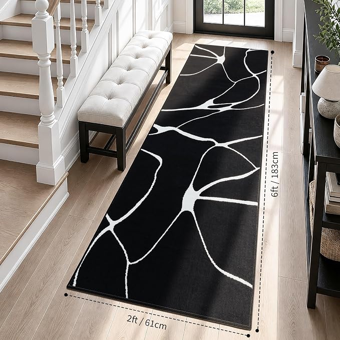 2x6 Washable Modern Black White Kitchen Runner Rug | Ultra-Thin Low Pile, Non-Slip TPE Backing, Soft Stain Resistant, Machine Washable, for Bedroom Livingroom High Traffic