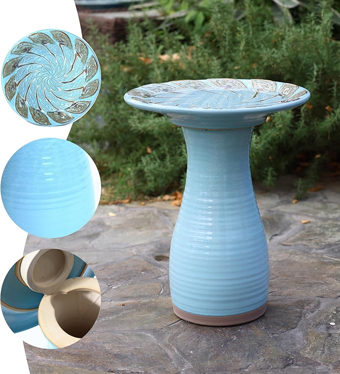 LuxenHome 20.6 Inch Ceramic Bird Bath for Outside, Elegant Tall Outdoor Bird Bath, Lightweight Pedestal Glazed Birdbaths for Outdoors with Leaf Pattern, Sky Blue