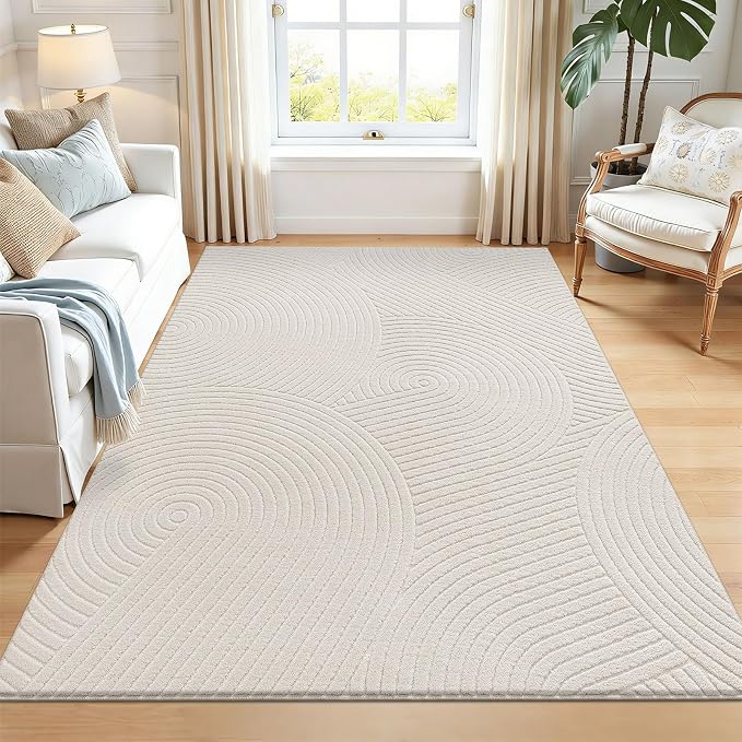 U'Artlines 5x7ft Washable Area Rug for Living Room, Beige | Minimalist Modern, Non Slip, Soft Cozy Fluffy, High-Low Pile Rug for Bedroom, Carpet for Dining Area, Kids Nursery Room