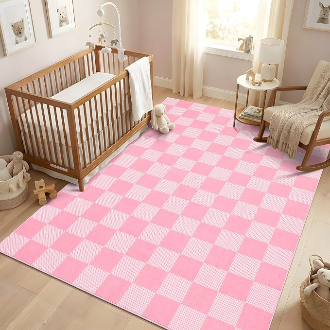 GarveeHome Checkered Pink 4x6 Washable Girls Rug Low-Pile Nursery Bedroom | Pink and White Area Rug for Living Room Girl Room Classroom Non-Slip Soft Stain Resistant Geometric Rugs TPE Backing