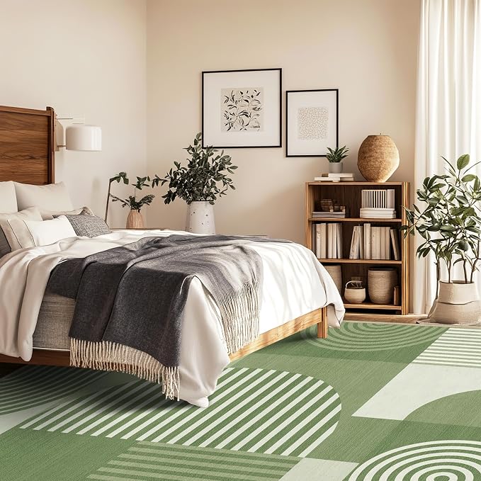 8x10 Area Rug for Living Room Green Geometric Rug Machine Washable Minimalist Line Mid Century Modern Area Rugs Non Slip Low Pile Large Dining Room Indoor Floor Carpet for Bedroom Kitchen Office,Green