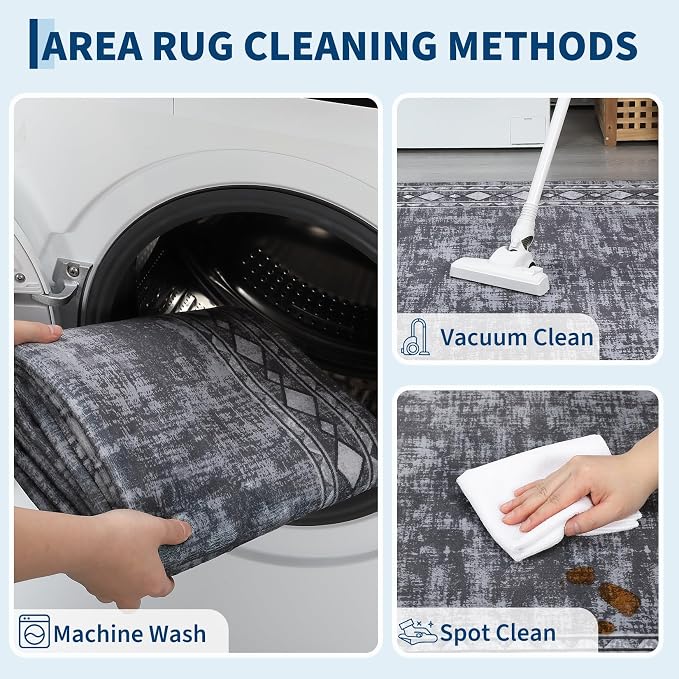 Garvee Large Area Rug 10x13 Rugs Vintage Border Washable Rug, Grey | Boho Area Rug Stain Resistant Easy Cleaning Throw Rugs Low Pile Floor Cover for Nursery Dining Room Apartment
