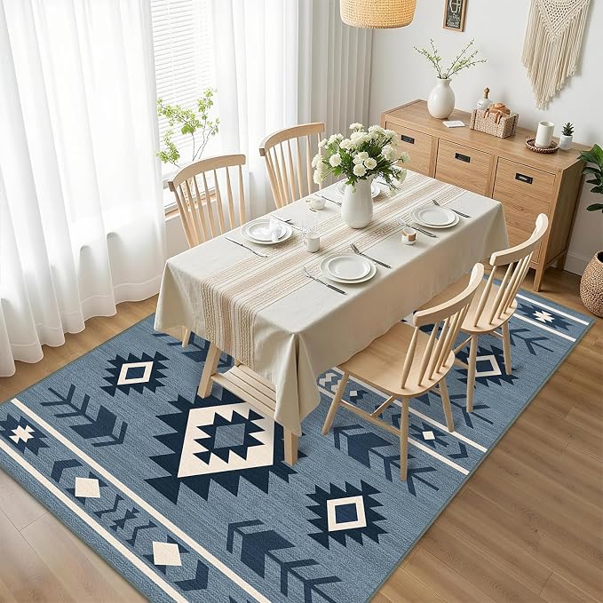 Western Area Rug 4x6 for Living Room, Southwestern Aztec Tribal Area Rugs Southwest Navajo Machine Washable Rug Non-Slip Printed Low-Pile Floor Carpet for Bedroom Dining Room Office, Blue