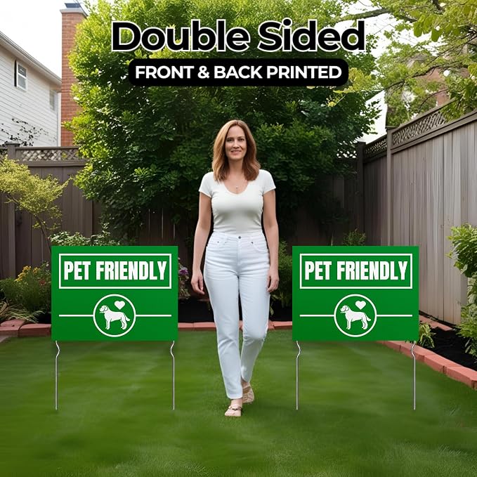 Pet Friendly Yard Sign by DC | 24"x18" Double Sided Pets Garden Sign with 13” Metal Stakes | Outdoor Signs Waterproof for Lawn, Patio, Sidewalk & House | Set of 4 | Made in USA