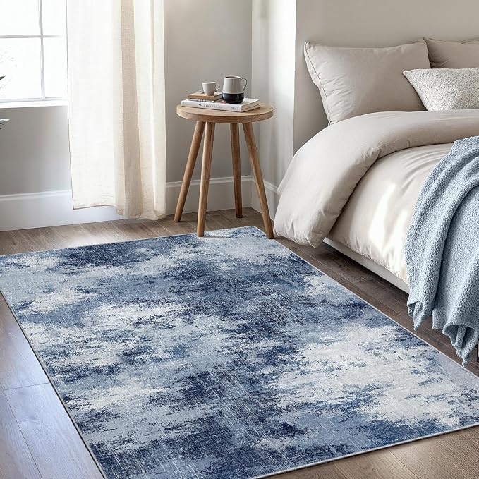 3x5 Area Rug for Bedroom, Modern Abstract Washable Rug with Non-Slip Backing & Low Pile Indoor Carpet for Living Room Dorm Bedside Entryway Office, Dark Blue