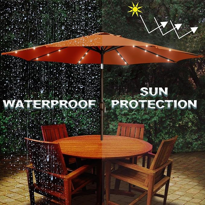 Blissun 9 ft Solar Umbrella with 32 LED Lights for Garden, Deck, Backyard (Rust)