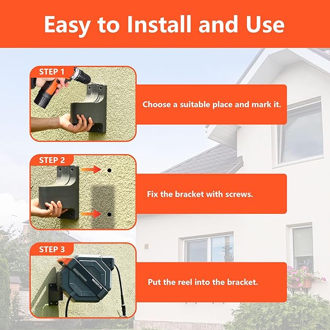 Retractable Garden Hose Reel, 1/2 in x 75 ft | Heavy Duty Wall Mount, Reinforced Bracket, 9-Pattern Metal Nozzle, Any Length Lock, Slow Retraction, 180° Swivel