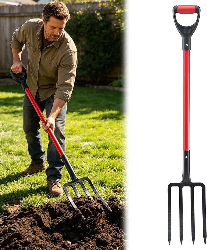Pitch Fork for Hay, Heavy Duty Pitchfork for Garden, Metal Broadfork Yard Garden Tools Long Handle for Gardening Digging, Mulching 43 inch