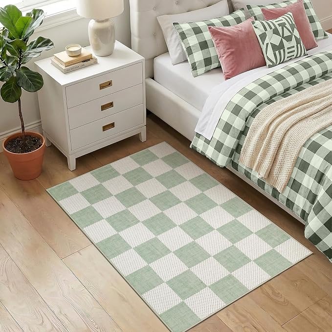GarveeHome Checkered Sage Green 2x3 Washable Coastal Rug Small Door Mat | Sage Green Area Rug for Entryway Hallway Kitchen Bathroom Stain Resistant Low-Pile Non-Slip Soft Rugs TPE Backing