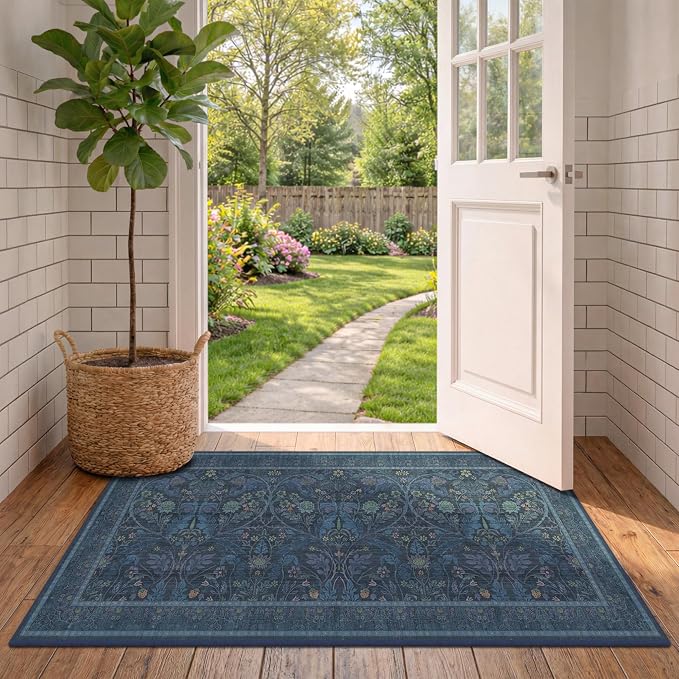 Washable 2x4 Entryway Rugs, Oriental Floral Small Blue Kitchen Rugs, Thin Bathroom Rugs Fit Under Door, Low Pile & Soft Carpet for Mudroom, Bedside