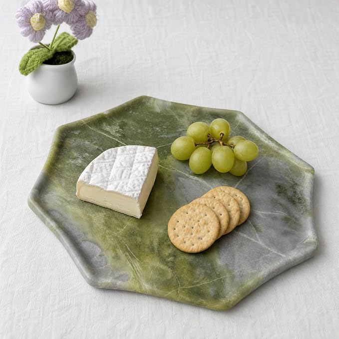 Real Natural Marble Octagon Tray 10.2in Solid Stone Decorative Plate | Luxury Green Marble Decor Tray for Candle, Jewelry, Plant. Food-Safe Solid Stone Serving Dish with Unique Veining