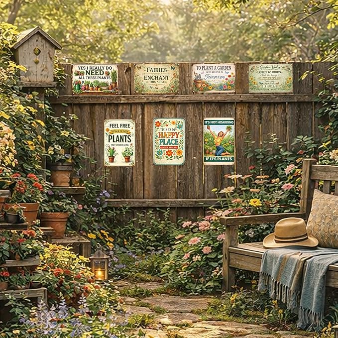 7 Pcs Vintage Garden Metal Signs Retro Garden Wall Decor – Rustic Farmhouse Signs for Home, Patio, Greenhouse & Plant Lover Gifts (12x8 Inch)