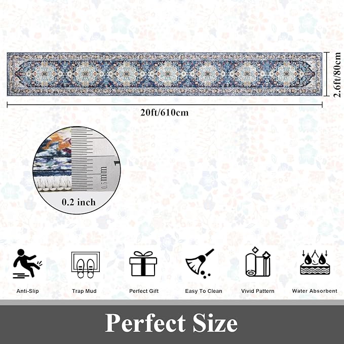 U'Artlines 2.6'x20' Boho Hallway Runner Rug Non Slip Washable Runners,Blue | Vintage Farmhouse Kitchen Rug, Extra Long, Accent Area Carpet for Entryway Laundry and Living Room