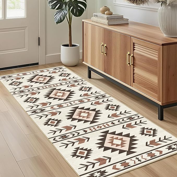 Western Runner Rug 2x6 for Hallway Kitchen Bedroom, Southwestern Aztec Tribal Runner Rugs Southwest Navajo Machine Washable Rug Non-Slip Printed Low-Pile Floor Carpet Mat for Living Room, Beige