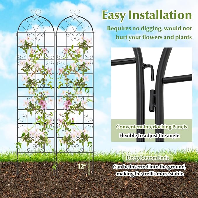 Giantex 2 Packs 86"x20" Metal Garden Trellis for Outdoor Climbing Plants, Heavy-Duty Plant Support for Vine Rose Vegetable Flower, Rustproof Black Metal Coating Patio Trellis Arch Decorative Fence