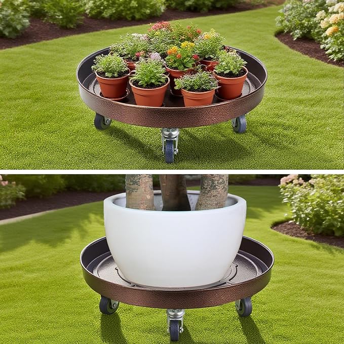 16 Inch Heavy Duty Plant Stand on Wheels, Round Plant Caddy with Wheels for Indoor & Outdoor Use, Metal Rolling Tray for Potted and Small Furniture (Copper 2 Pcs)