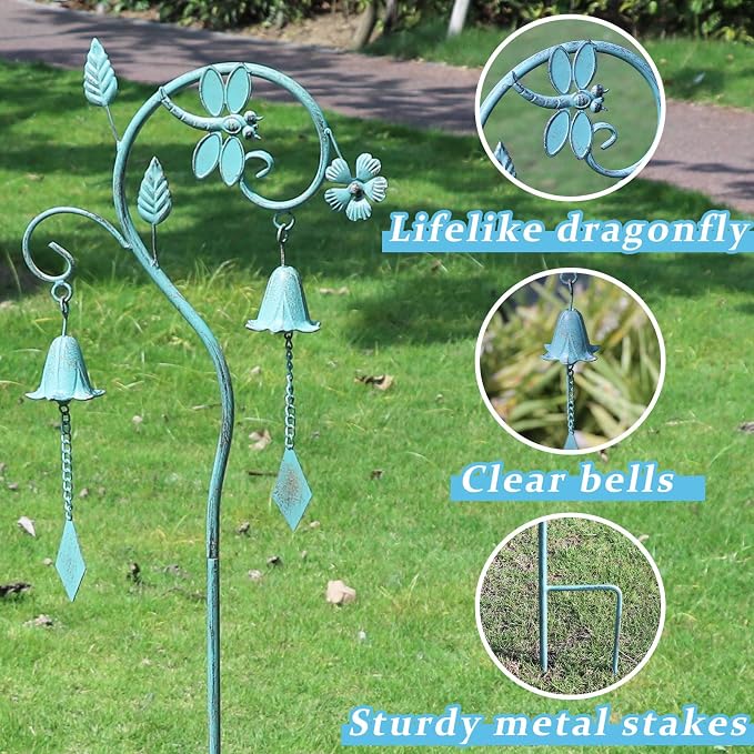Dragonfly Metal Garden Art,Decorative Garden Stake with Bells for Outside | 46.8"H Dragonfly Garden Decor,Wind Chime Stakes for Outside,Yard Art for Garden,Flower Beds, Patio.