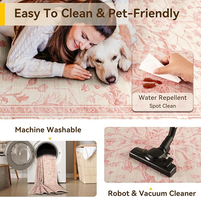 RELEANY Washable Area Rug, Runner 2'x8', Pink/Light Vintage Pink | Non-Slip, Water Repellent, Pet Friendly, Easy to Clean, Vintage Floral Boho Decor for Kitchen Hallway Bedroom Laundry