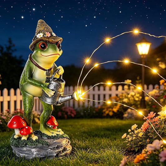 Solar Frog Statue for Garden with Watering Can Light 8.8" Resin Frog Figurine Outdoor Patio Porch Yard Decor Unique Birthday Housewarming Gifts for Women Mom Grandma Wife Sister