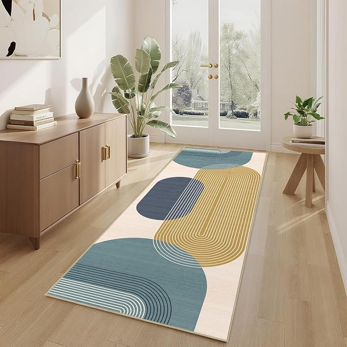 Boho Runner Rug 2x6 for Hallway Kitchen Bedroom,Bohemian Runner Rugs Washable Modern Geometric Rug Non-Slip Printed Low Pile Long Floor Carpet Mat for Bedroom Laundry,Blue