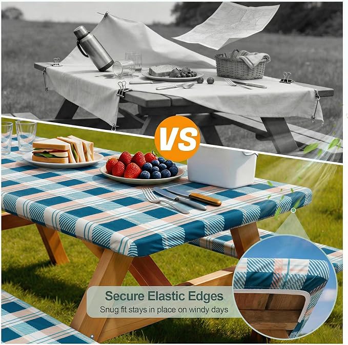 Play Tailor Picnic Table Cover with Bench Covers Camping Essentials Waterproof Windproof Camping Tablecloth with Drawstring Bag, Fitted Rectangle Tables and Seats, 72in, Green Checkered