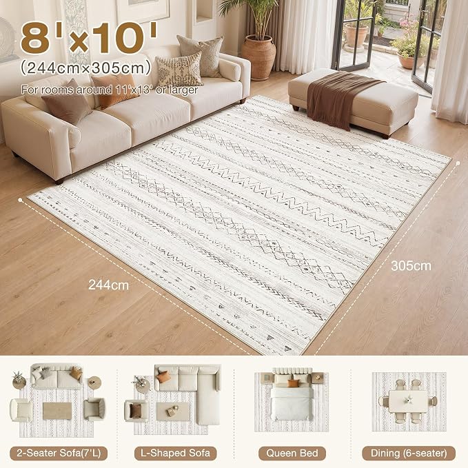 cotiled Boho 8x10 Area Rugs for Living Room: Large Moroccan Washable Rug | Solve Modern Neutral Trendy Home Decor - Stain Resistan Carpet for Bedroom Farmhouse Dining Room Browm