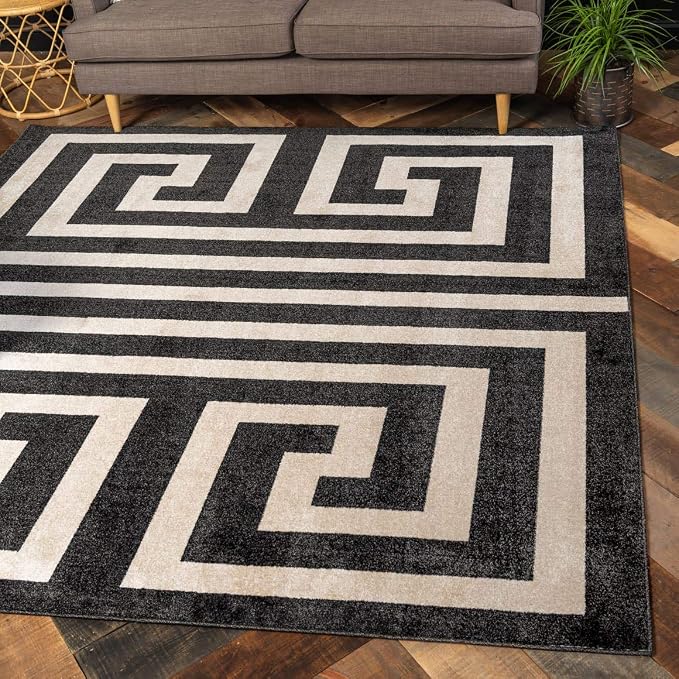 Unique Loom Athens Collection Classic Geometric Modern Border Design Area Rug (8' 0 x 8' 0 Square, Black/ Beige)