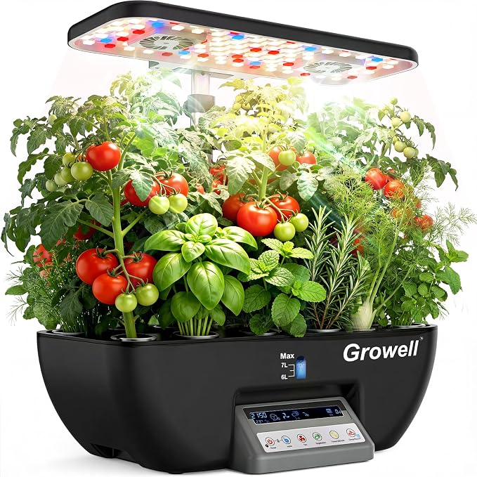 Growell 17 Pods Hydroponics Growing System Kit, Indoor Garden with 2 Fans | for Airflow & Anti-Mold, LED Grow Light, Smart Water Cycle, Auto Timer, 10L Large Water Tank,Gardening Gift, Black/Gery