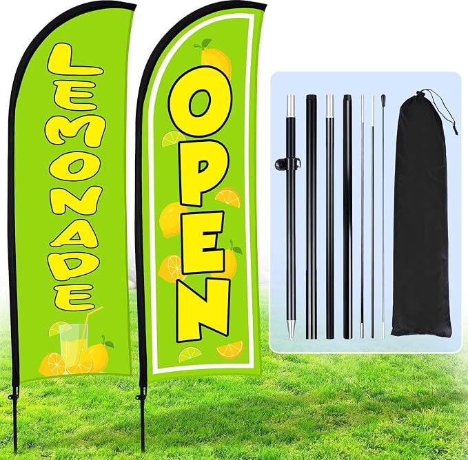 Hahafelt 2 Sets Lemonade Open Feather Flag for Business Advertising 8 ft Feather Flag Sign with Flagpole Ground Stake Portable Bag Lemonade Banner for Outside Park Garden Restaurant (Green)
