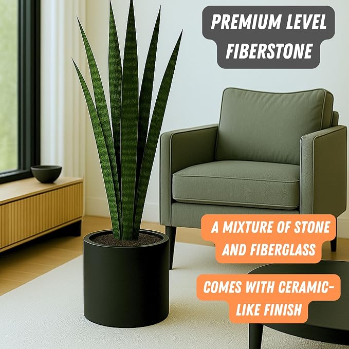 Fox & Fern Large Indoor Planter, Modern Large Plant Pot for Indoor or Outdoor, UV and Frost Resistant - 12 Inch, Fiberstone, Matte Black Flower Pot with Drainage Plug, Lightweight