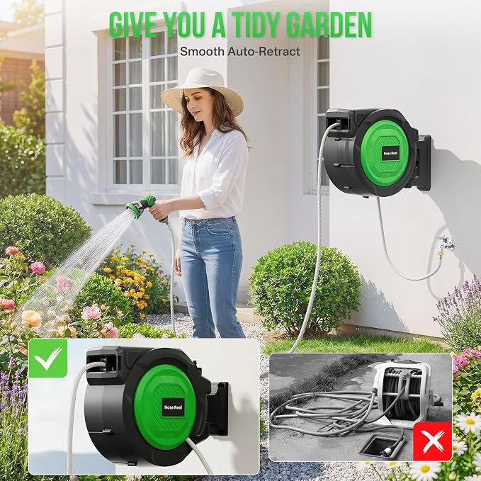 Retractable Garden Hose Reel, 5/8 in x 100 ft Heavy Duty Wall-Mounted Hose Reel with 180° Swivel Bracket, 10-Pattern Nozzle, Automatic Slow Rewind System, Any Length Lock for outside Watering,Cleaning
