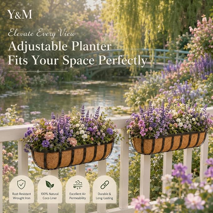 Y&M Railing Planter Boxes 24 Inch 2 Pack, 2-in-1 Adjustable Hanging Balcony Planters with Coco Liners, Heavy Duty Window Box Planters with Support Rods for Outdoor Garden