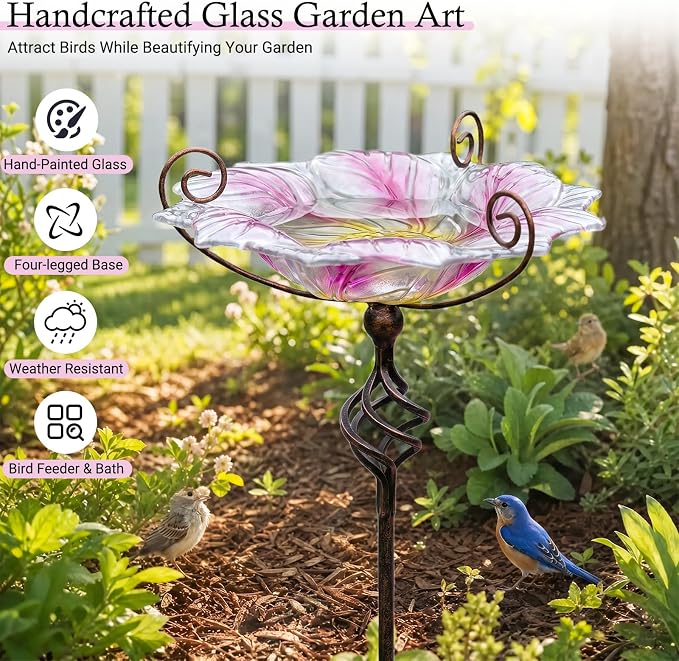 VCUTEKA Glass Bird Bath Outdoor BirdBath Bird Feeder with Metal Stake Garden Decor, Pink