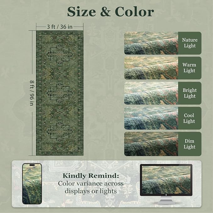 Retro Green 3x8 Rug Runners for Entryway Non Slip, Distressed Medallion Carpet Runners for Hallway 8ft, Low Pile Thin Runner Rug Non Slip Washable for Kitchen/Foyer/Mudroom/Bedroom