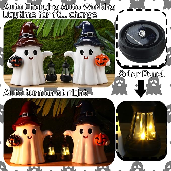 Suzile 2 Pack Halloween Outdoor Decoration 9.5 Inch Spooky Ghost Statues with Solar Lantern Light Pumpkin for Garden Halloween Figurine Cute Resin Ghost for Lawn Patio Party Indoor Home Decor Gift