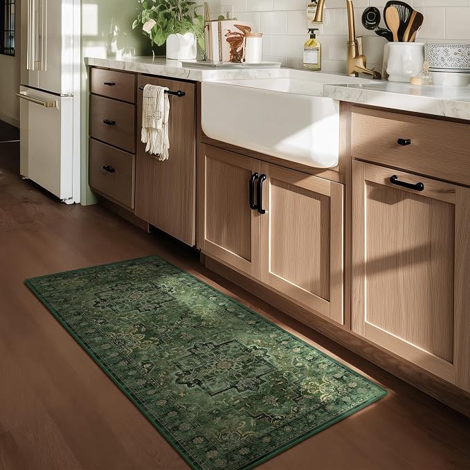 Dark Green 2x4 Entryway Small Rug, Retro Distressed Medallion Door Mat Indoor Entrance Entry Way, Washable Non Slip Low Pile Thin Runner Rug for Kitchen Floor Sink Area Bathroom