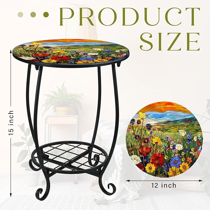 Cinnvoice Outdoor Side Table Round Small Mosaic Patio Accent Indoor End Plant Coffee Tea Table for Yard Patio Porch Garden Living Room, Bedroom(Sunset Wildflowers Style,12 Inch)