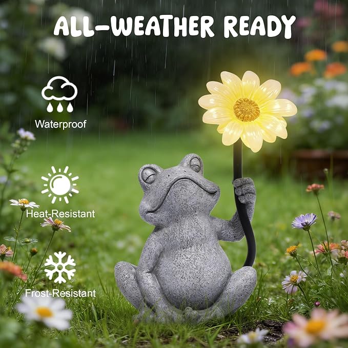 basen Solar Frog Garden Statue with Sunflower Light, Outdoor Solar Frog Figurine Decor for Yard Lawn Patio, Resin Frog Sculpture with LED Solar Lantern for Garden Landscape Ornament