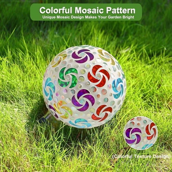 SAVENNA Mosaic Garden Gazing Ball, 8 Inch Decorative Glass Sphere for Outdoor Garden, Lawn & Patio, Fade-Resistant All-Season Yard Art, Multicolor Pinwheel Pattern