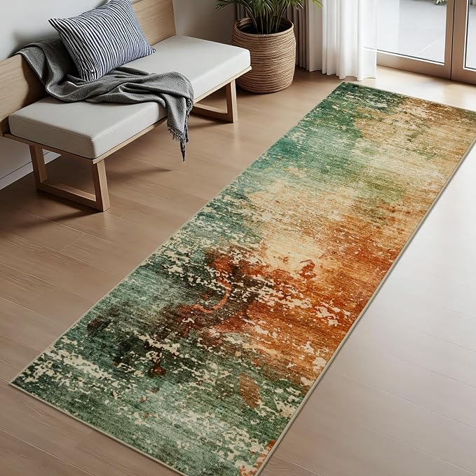 Joydeco 2x6 Washable Runner Rug for Hallway, Modern Abstract Non-Slip Soft Rugs, Low Pile Carpet for Entryway, Bedroom, Kitchen, Laundry, Green & Orange & White