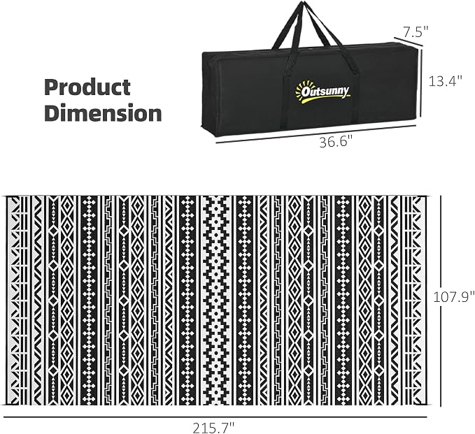 Outsunny Outdoor Rug for Patio, 9' x 18' Waterproof Large Mat, Reversible Plastic Straw Rug for Decor, Portable Outside RV Camping Area Carpet Mat for Backyard Porch Deck Picnic, Black White Geometric