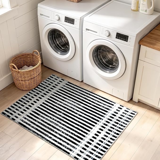 Washable 2x3 Modern Striped Area Rug, Abstract Small Throw Rug for Entryway | Black Beige, Soft Low Pile, Skin Friendly, Non-Slip for High Traffic, Entrance Vintage Braided Paid Style Home Decor