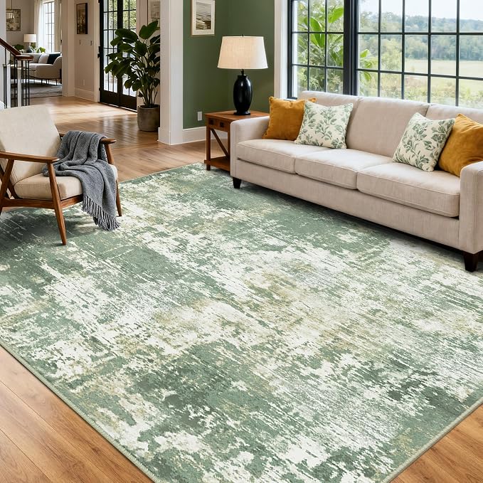 RELEANY Washable 10'x14' Abstract Area Rug for Living Room Light Green | Carpet for Bedroom, Kitchen, Office, Hallway and Entryway, Printed Pattern, Non‑Slip, Soft, Stain‑Resistant, Easy to Clean