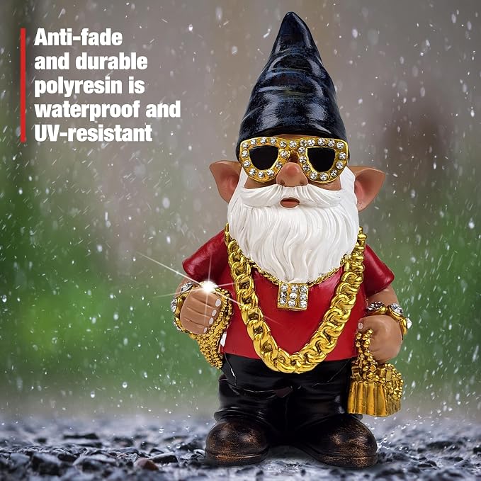 Better Office Products Garden Gnome Statue, 12" Height, Handcrafted Waterproof, UV-Resistant Polyresin Lawn Patio Porch Ornament Decoration (Bling Rapper with Solar Light)