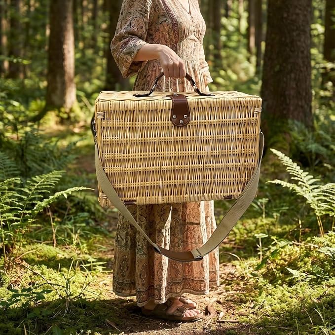 Multifunctional Wicker Picnic Basket Set for 4 Blanket Family Folding Wine Table,Insulated Portable Extra Big Storage Capacity Woven Rattan Canasta De Full Tablewares Camping Outdoor Flowers Pink
