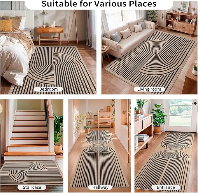 Tangsoo Rainbow Easy Jute Rug 2x5 Runner Rug for Hallways,Non-Slip Thin Black Washable Outdoor Rug,Modern Farmhouse Floor Carpet Runner for Porch Laundry Bedroom Entryway Kitchen